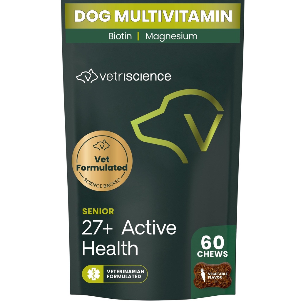 VetriScience Senior 27+ Active Health Chews, Canine Plus Daily Multivitamin per cani senior, Vitamine bilanciate, Minerali e Antiossidanti, Assistenza sanitaria e benessere, Veggie, 60 Conte
