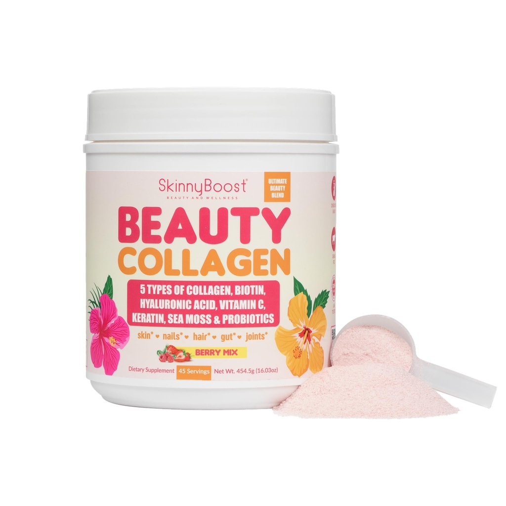 Beauty Collagen Powder-5 Tipi di collagene idrolizzato, Moss del mare, Biotina, Keratina, Acido ialuronico, Vitamina C e Probiotici–Aria, Pelle, Unghie- Tutto Naturale, Made in USA-45 Servings- Bacca mista