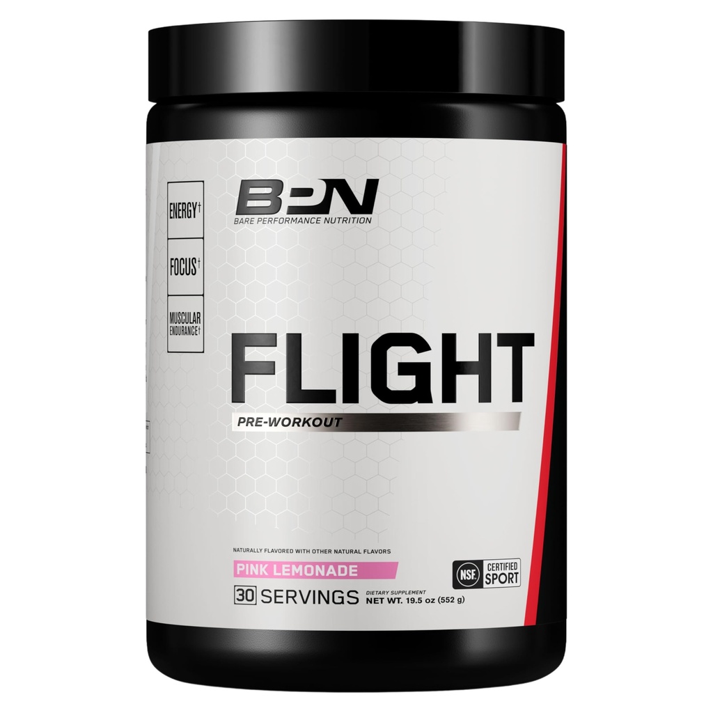 BARE PERFORMANCE NUTRITION BPN Flight Pre Workout, Supporta l'energia e la messa a fuoco mentale, migliora la resistenza e le pompe muscolari con CarnoSyn® Beta Alanine, Pink Lemonade, 30 Servings