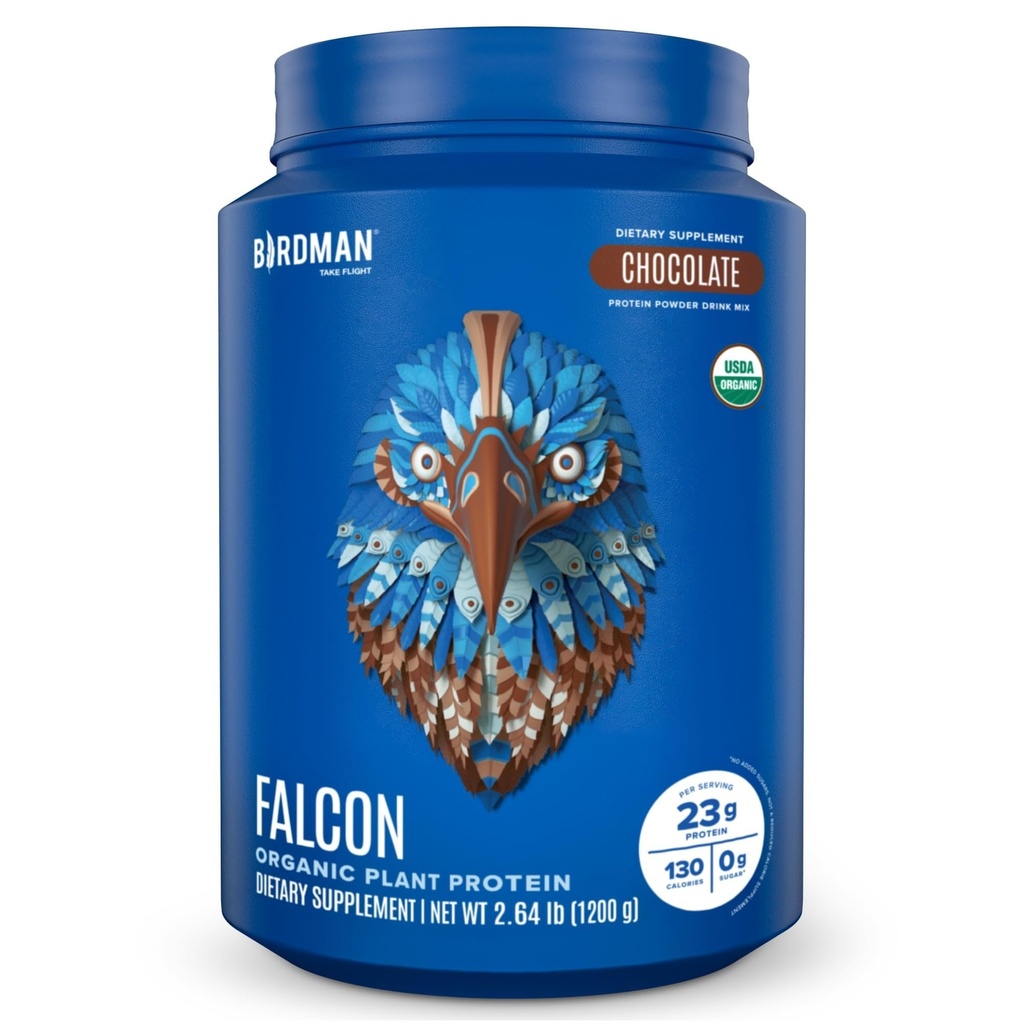 BIRDMAN Falcon Vegan Protein Powder Organic, Stevia & Sugar Free, Plant Based Protein, Low Carb, Dairy Free, Keto, Non Whey Protein, Probiotico, Pea Protein | Chocolate Flavor - 37 Servings - 2.64lb