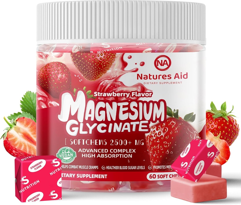 Magnesio Glycinate Soft Chews, aroma di fragola. Chewable Sugar Free Potassium Magnesium Chews with Magnesium Glycinate, Vitamina D, B6, e CoQ10 per il supporto e il sonno calmi per adulti, 60 giorni di alimentazione