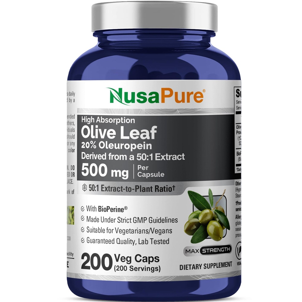 Foglia di ulivo NusaPure 20% Oleuropein 50:1 Estratto, 500 mg Equivalente a 25.000 mg 200 Tappi di Veg Adatto per vegetariani e vegani, Non OGM