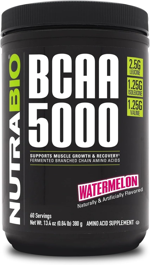 NutraBio BCAA 5000 Polvere - Vegan Fermented BCAAs - Supporta la crescita muscolare magra, Recupero, Endurance - 60 Servings - Watermelon