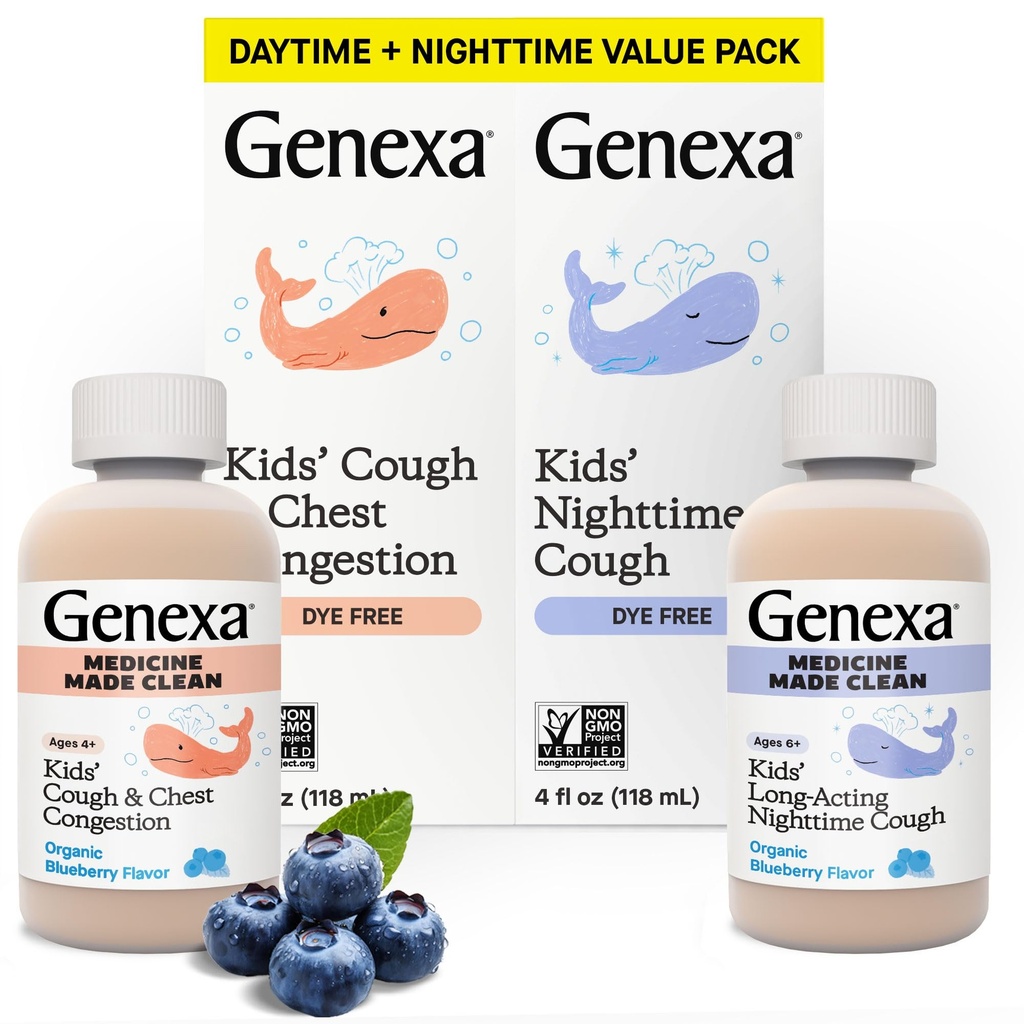 Genexa Kids' Clean Day & Night Cough Medicine, Dye Free, 0% Artificial Additives, Baby's Cough, Chest Congestion, Runny Nose & Sneezing Relief, Ages 6+, Organic Blueberry Flavor, 8 fl oz (2 Pack)