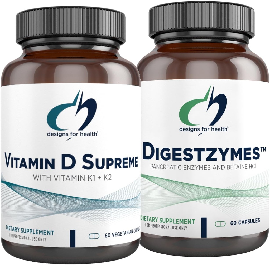 Progetti per la salute Vitamina D Supreme + Digestzymes Enzimi Digestivi Bundle - Vitamina D3 5000 IU con 2000mcg Vitamin + Supporto Digestione Enzimi con Betaine HCl - 2 Prodotti