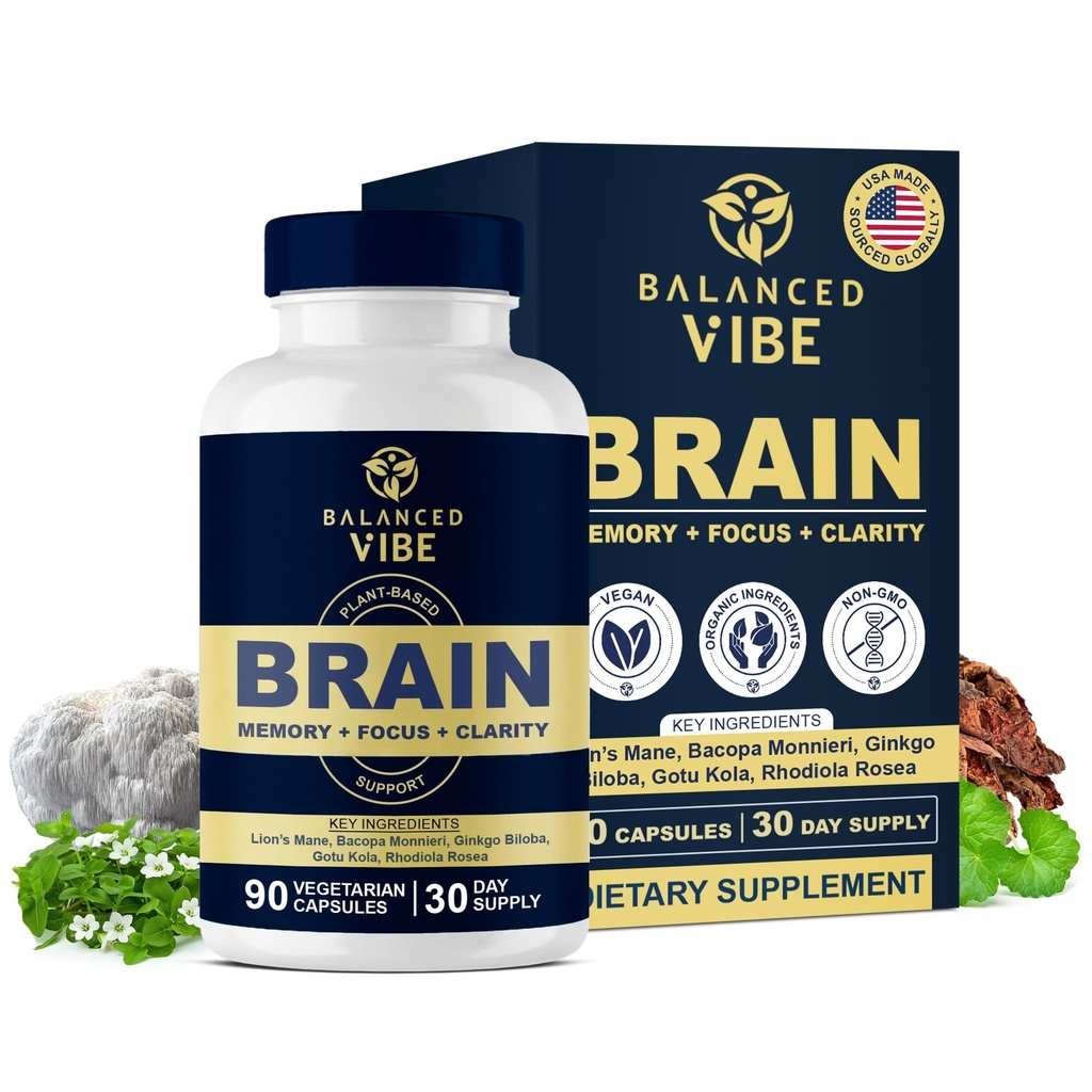 Bilanciata Vibe Brain Formula | Nootropic Organic Plant-Based per Focus, Clarity & Memory | Organic Lion’s Mane, Ginkgo, Bacopa, Rhodiola, Gotu Kola | Vegan Capsules | 30 giorni di alimentazione