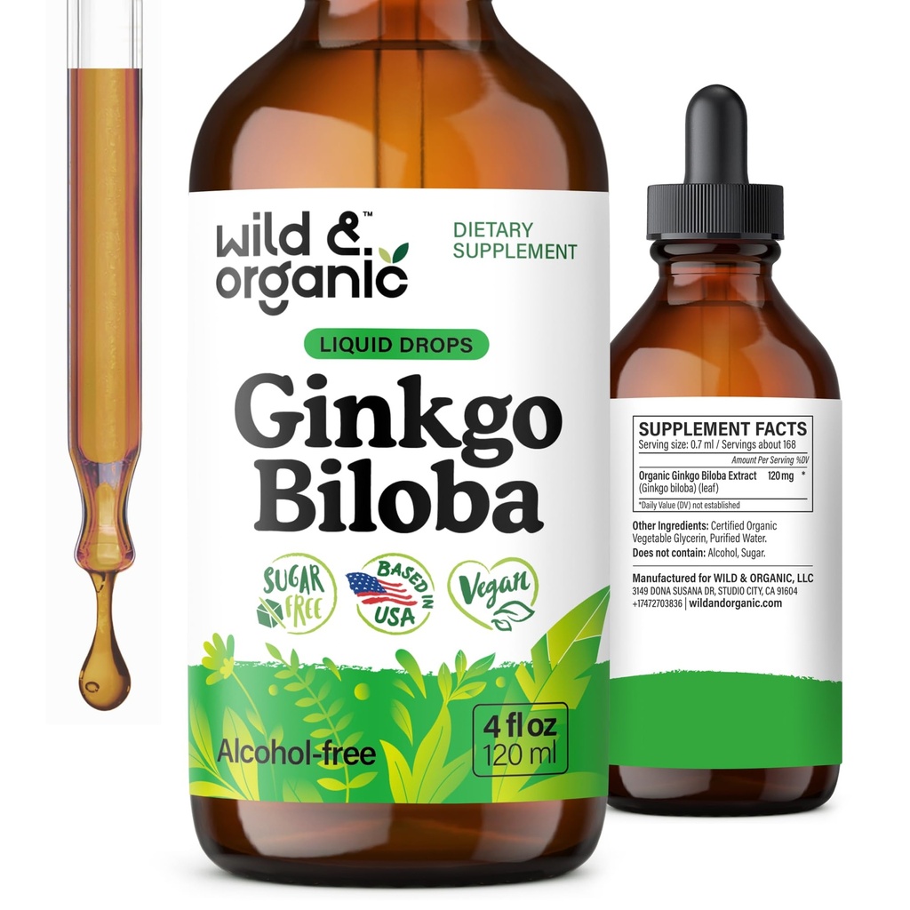 Gocce di estratto di Ginkgo Biloba di Wild & Organic - Brain & Focus Support - Integratori di Ginkgo Biloba Liquidi - Vegan, Zucchero & Alcol-Free Erboristeria - 4 fl oz