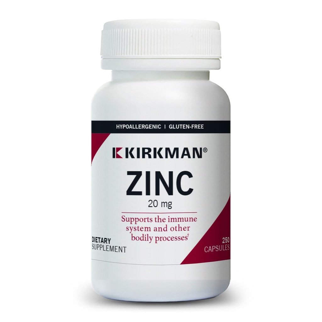 Kirkman - Zinc 20mg - 250 Capsule - Supporto Immune - Alta Assorbimento - Ipoallergenico