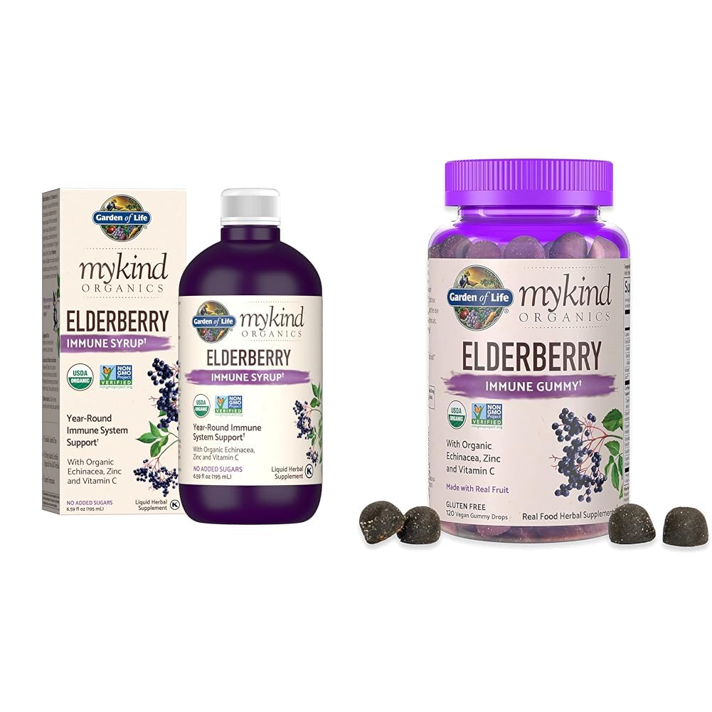 Giardino della vita organici pianta-based Elderberry Immune Syrup 6.59 fl oz & Organics Elderberry Gummies per adulti e bambini