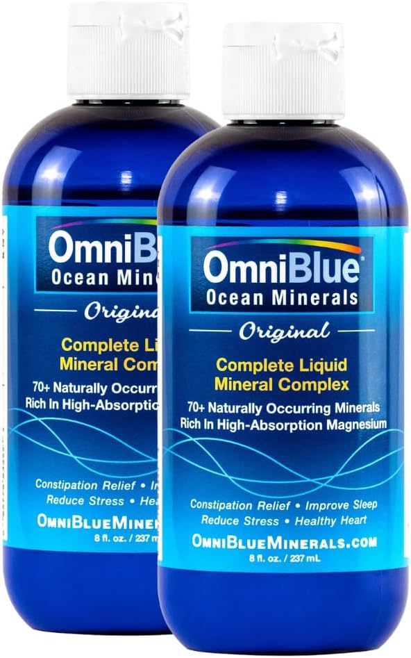 Minerali Oceani OmniBlue - 70+ Minerali Trace & Magnesio Liquido - Potassio, Cloruro- Basso Sodio - Supporto Naturale per Sonno, Digestione, Regolarità, Idratazione & Equilibrio Elettrolito (2-Pack 8oz)