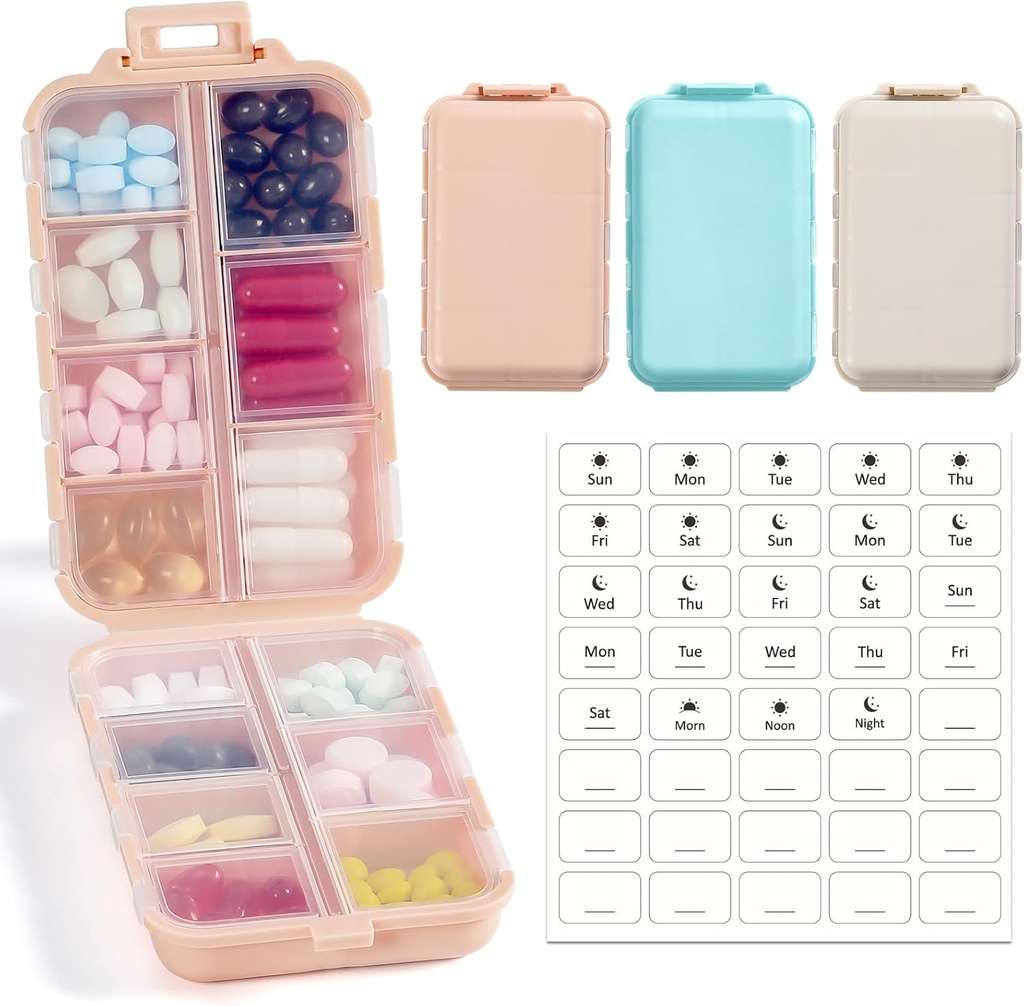 3 Pack, 14 GRIDS Travel Pill Organizer Box con Etichette - Travel Medicine Case Kit - Pocket Daily Pharmacy Container - Dispenser per il supporto per la vitamina dell'olio di pesce