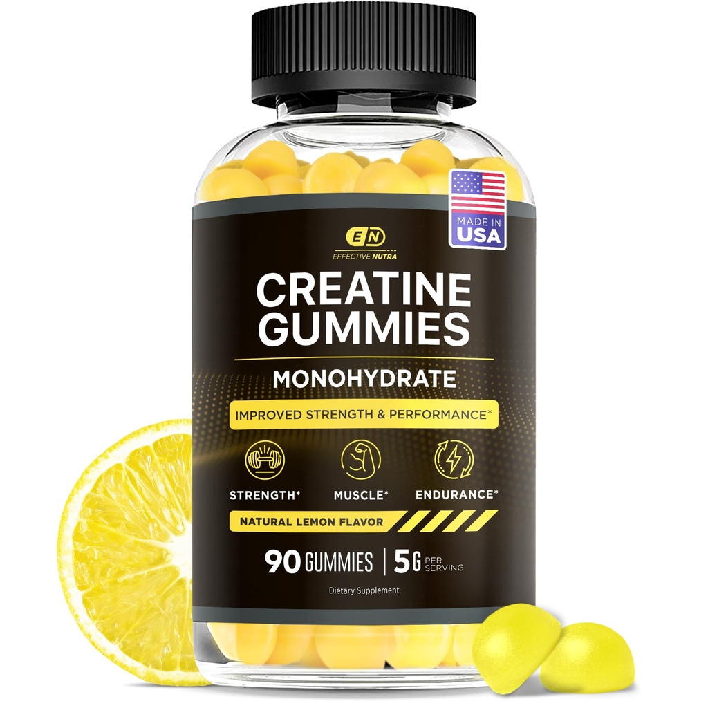 Efficace Nutra Creatina Monoidrato Gummies - 1g Creatina per Gummy - Vegan Muscle & Strength Supplement per Uomo & Donne - Supporta la crescita muscolare, energia, resistenza - Limone Flavor, Made in USA (90ct)