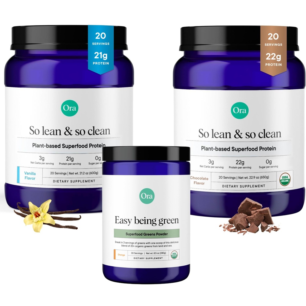 Ora Organic Vegan Protein Powder Chocolate, Vanila & Greens Powder Bundle: 22g Plant Based, Chocolate, 20 Servings + 21g Plant Based, Vanilla, 20 Servings + Organic Super Greens Drink, 30 Serve