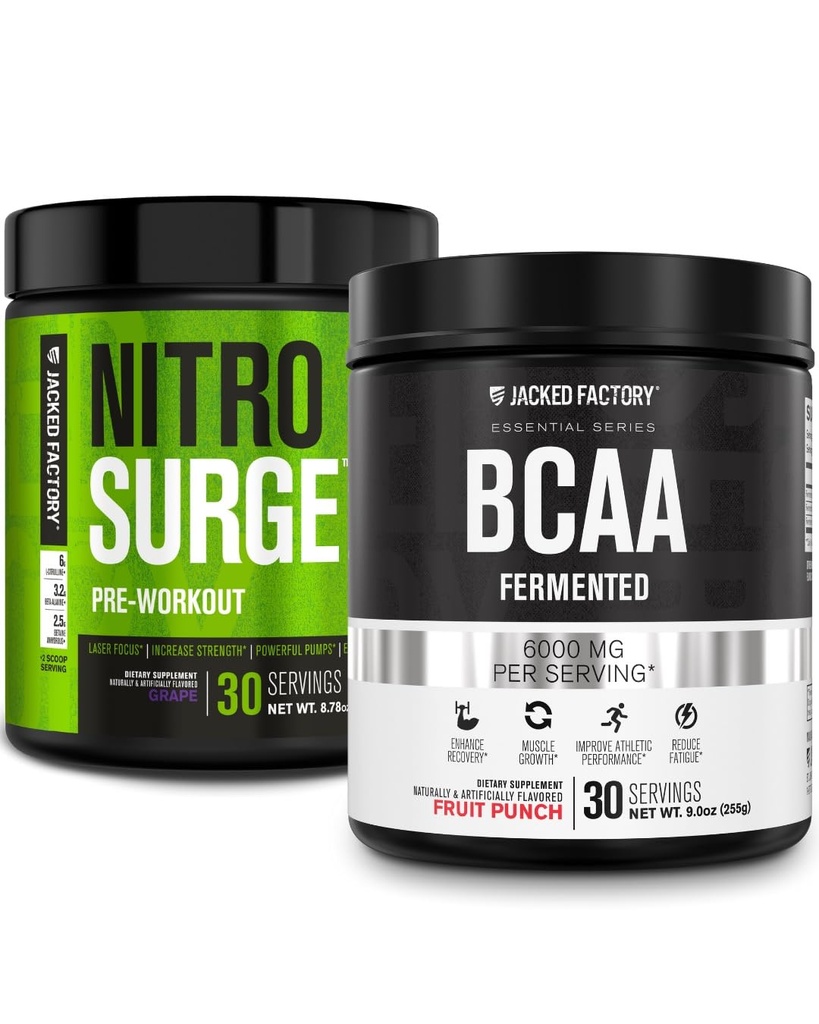 Jacked Factory Nitrosurge Pre-Workout in Grape & BCAA in Fruit Punch per la costruzione del muscolo e il recupero