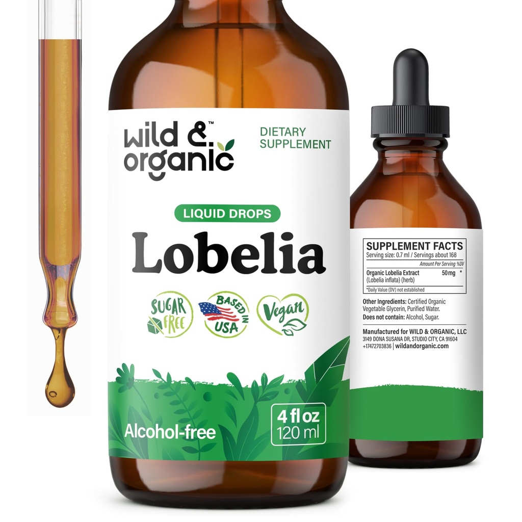 Wild & Organic Lobelia Tincture - Detox polmonare e pulizia - Liquid Lobelia Herb Supplemento - Vegan, Sugar & Alcohol-Free Leaf Extract Drops - 4 fl oz