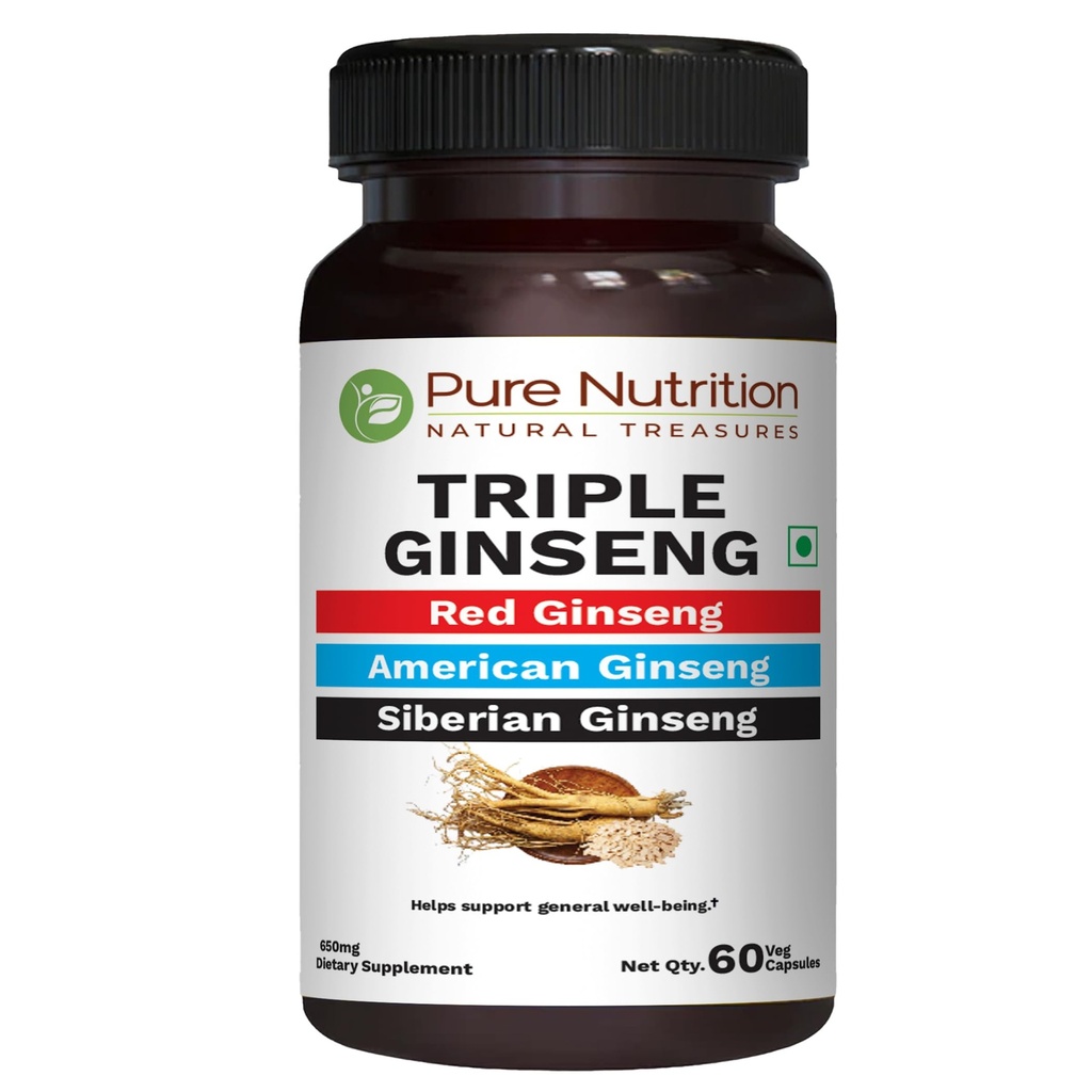 Pure Nutrition Triple Ginseng - una combinazione unica ed efficace di Ginseng Rosso, Ginseng Americano e Ginseng Siberiano. 790mg per Capsule | 60 Tappi di Veg Pack