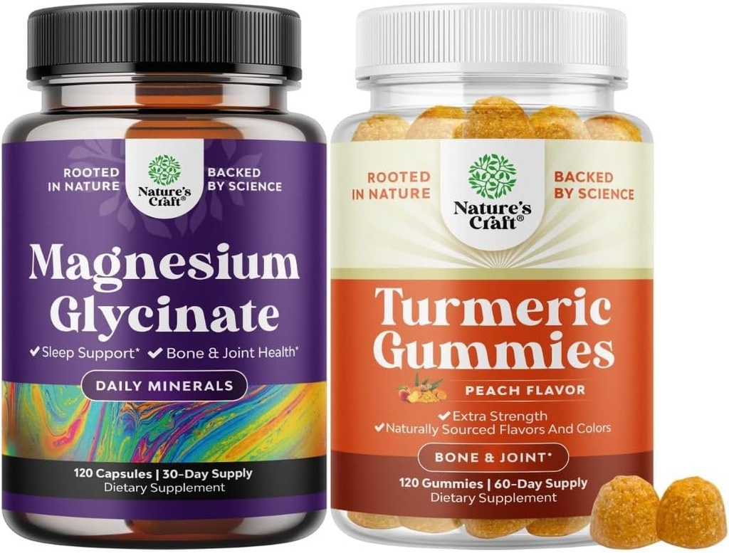 Bundle of Pure Magnesium Glycinate 400mg Per Serving for Mood Sleep and Relax and Turmeric Gummies for Adults Peach Flavor - Extra Strength Joint Support