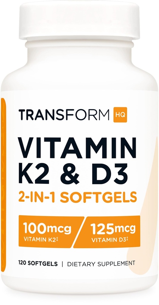 Vitamina K2 TransformHQ (MK7) (100mcg) + Vitamina D3 (5000 IU) 120 Softgels - Gluten Free e Non OGM