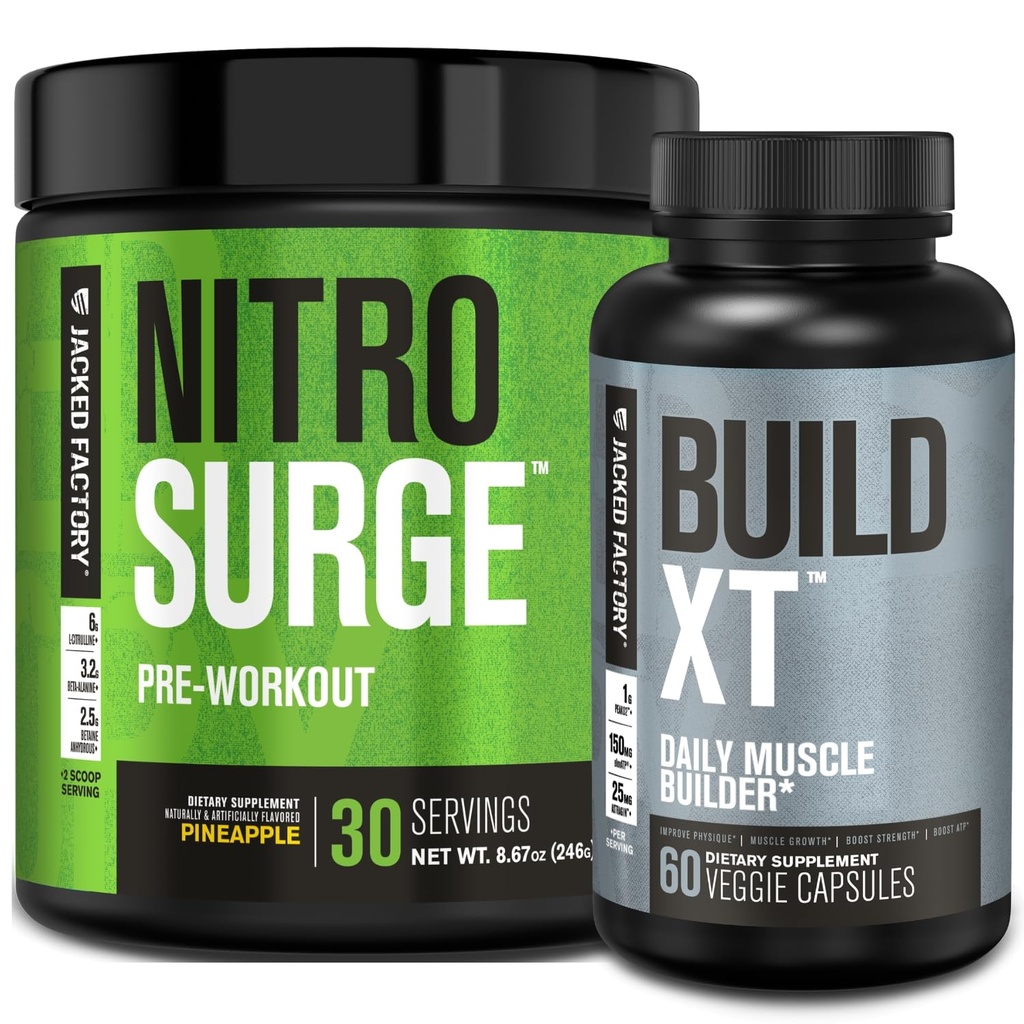 Jacked Factory Nitrosurge Pre-Workout in Ananas & Build XT Muscle Building Bundle per uomini e donne