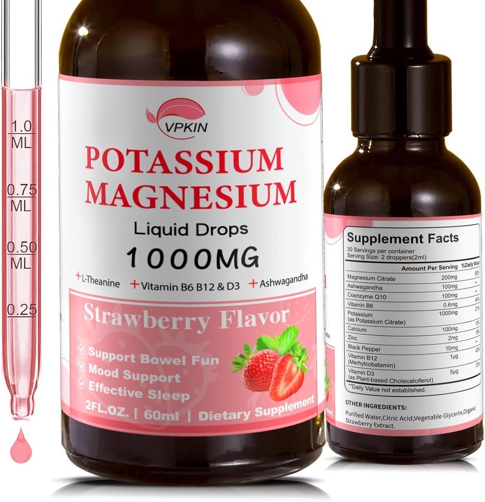 Supplemento di citrato di magnesio di potassio, gocce liquide di magnesio con glicinato di magnesio 1000mg con Ashwagandha,Zinc, Supporto Clam & Support Immune System(Strawberry,2 FL.OZ.)