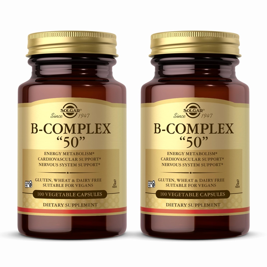 Solgar B-Complex “50” - 100 Capsule Vegetali, Confezione da 2 - Metabolismo Energetico & Supporto Sistema Nervoso - Non-GMO, Vegan, Gluten Free - 200 Total Servings