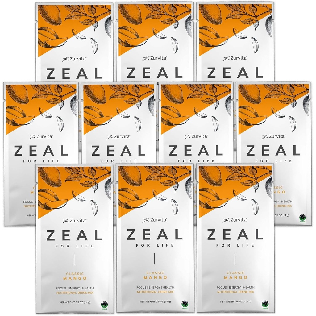 Zurvita - Zeal for Life Wellness Drink Mix - Classic Mango Flavor - Gluten-Free, Vegan, con Biotina, Vitamine e Minerali per la Salute - 10 Pacchetti
