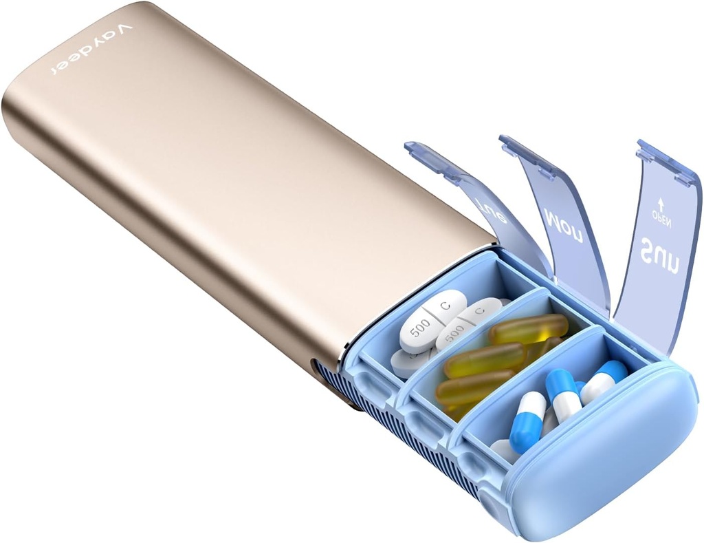 Vaydeer Metal Travel Pill Organizer, 7 Day Weekly Pill Box, Large Capacity Daily Cute Pill Case for Supplements, Pills, Vitamins and Medicine (Small, Champagne)