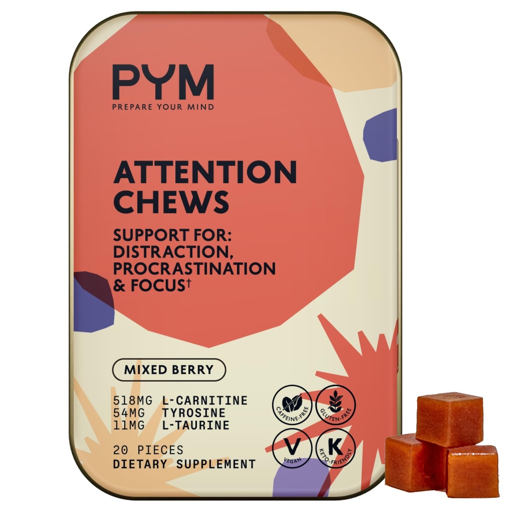 PYM Attenzione chews supporto per la procrastinazione, messa a fuoco e produttività, 20 conte | 518mg L-carnitina, 54 mg di tirosina, 11mg L-Taurine, Caffeine-Free | All-Natural Mood Boost supplemento Made in USA