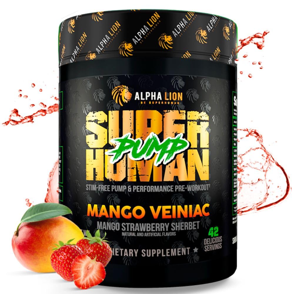 ALPHA LION Pompa Superhuman Pre Workout Powder, Nootropic Caffeine & Stim Free Preworkout Supplement, Nitric Oxide Booster, Muscle Gainer, Energy & Focus (42 Serve, Mango Veiniac Flavor)
