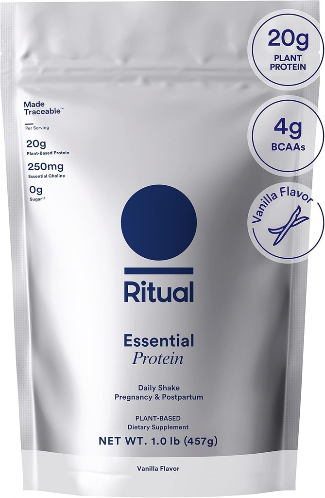 Polvere proteica vegana prenatale rituale: Choline per sostenere Prenatale, Postpartum, & Lactation, 20g Proteina di Pea Organica da Farms rigenerative negli Stati Uniti, senza glutine, pianta, senza zucchero, Vanilla, 1Lbs