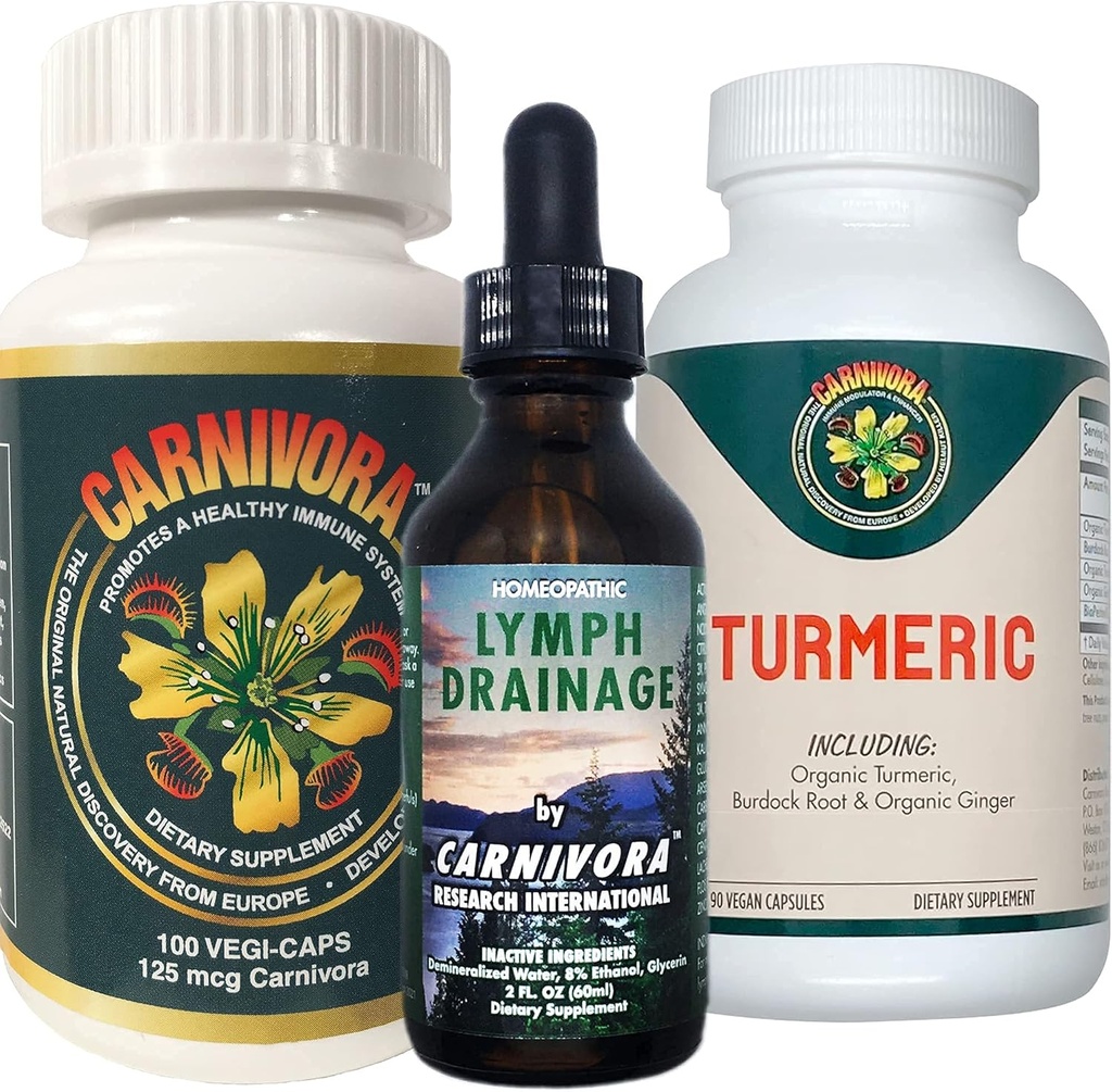 Carnivora Triple Play - Supporto di Sistema Immune, Flush di Sistema Lymph, e Miglioramento per Giunti e Digestione (Bundle con 1 Bottiglia Ciascuno di Carnivora Vegi-Caps, Drenaggio Lymph, e Turmerico)