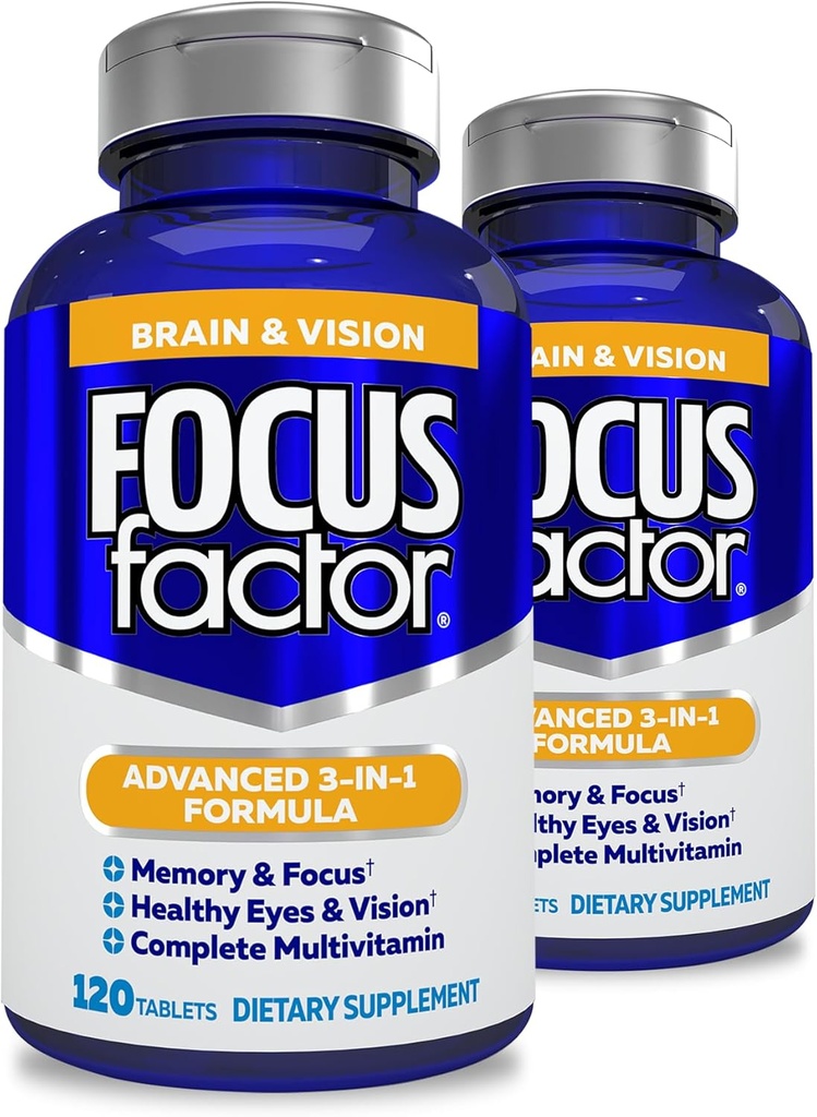 Focus Factor Adults Brain and Vision Supplement, 120 Count- Eye Vitamin, Supplemento minerale, Multivitaminico completo con Lutein & Zeaxanthin-Brain Supplemento per Focus, Concentrazione, Memoria (2 Pk)