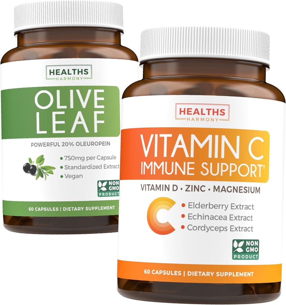 Salva $4 (12% di sconto) - Bundle Immune di erbe - Estratto di foglie di oliva (non OGM) Super resistenza: 20% Oleuropein 750mg tappi e supporto immunitario - Vitamina C con zinco, vitamina D, Elderberry & Echinacea (non OGM)