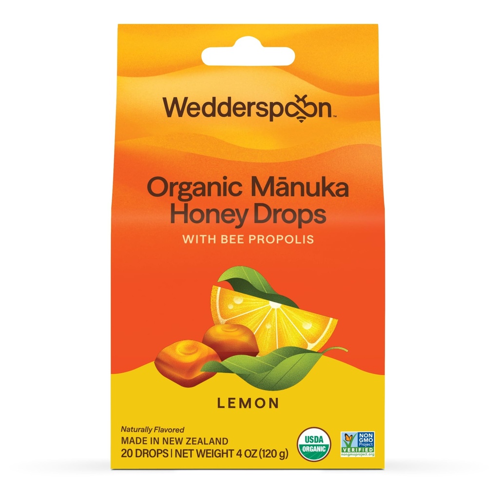 Wedderspoon Organic Manuka Honey Drops, Lemon & Bee Propolis, 20 Count (Pack of 1) | Genuine New Zealand Honey | Perfect Remedy for Dry Throats