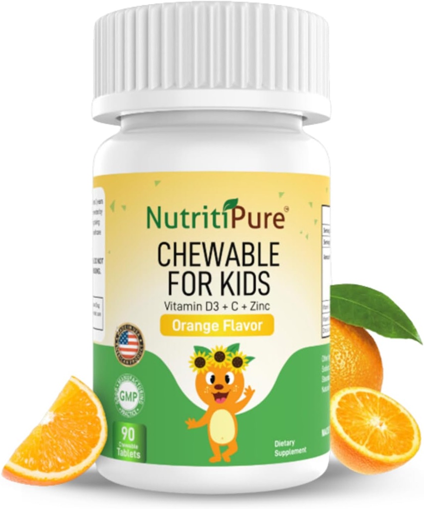 Vitamina D3 masticabile (Cholecalciferol) 25 mcg (1000 IU) + Zinco (citrato di zinco) 5mg + Vitamina C 30mg per bambini Arancione Flavor 90/Bottle (1)