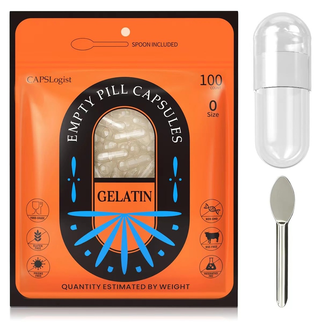 Capsule Pillole Dimensioni vuote 0, 100 Conte Gelatin Capsule con Micro Lab Spoon, Riempimento di Capsule Pillole fai da te, Gluten Free e Non OGM Certificato, Libero