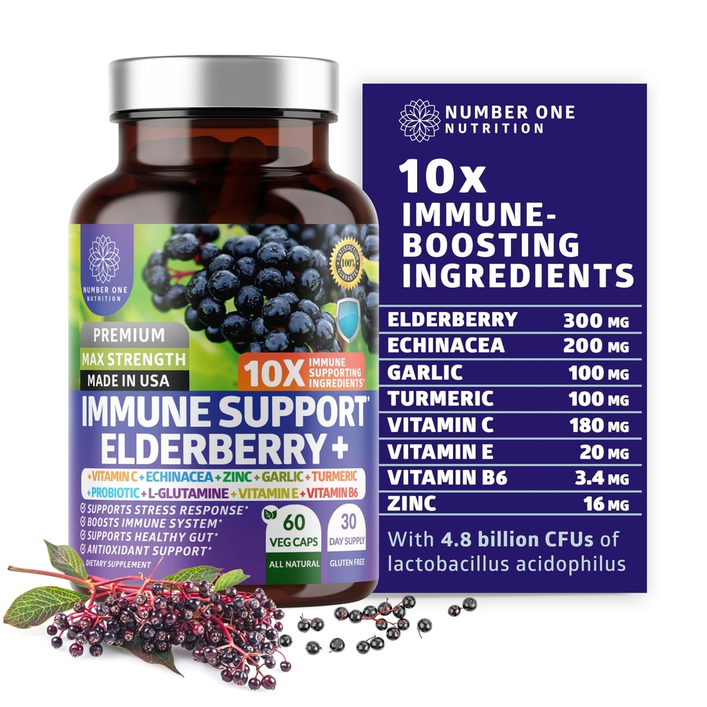 Premium 10 in 1 Integratore di Supporto Immune [10 Ingredienti Potenti] con Elderberry, Vitamina C, Echinacea, Zinco e Probiotico per Supporto Immune, Salute Gut e Digestione Migliore, 60 Caps Veg