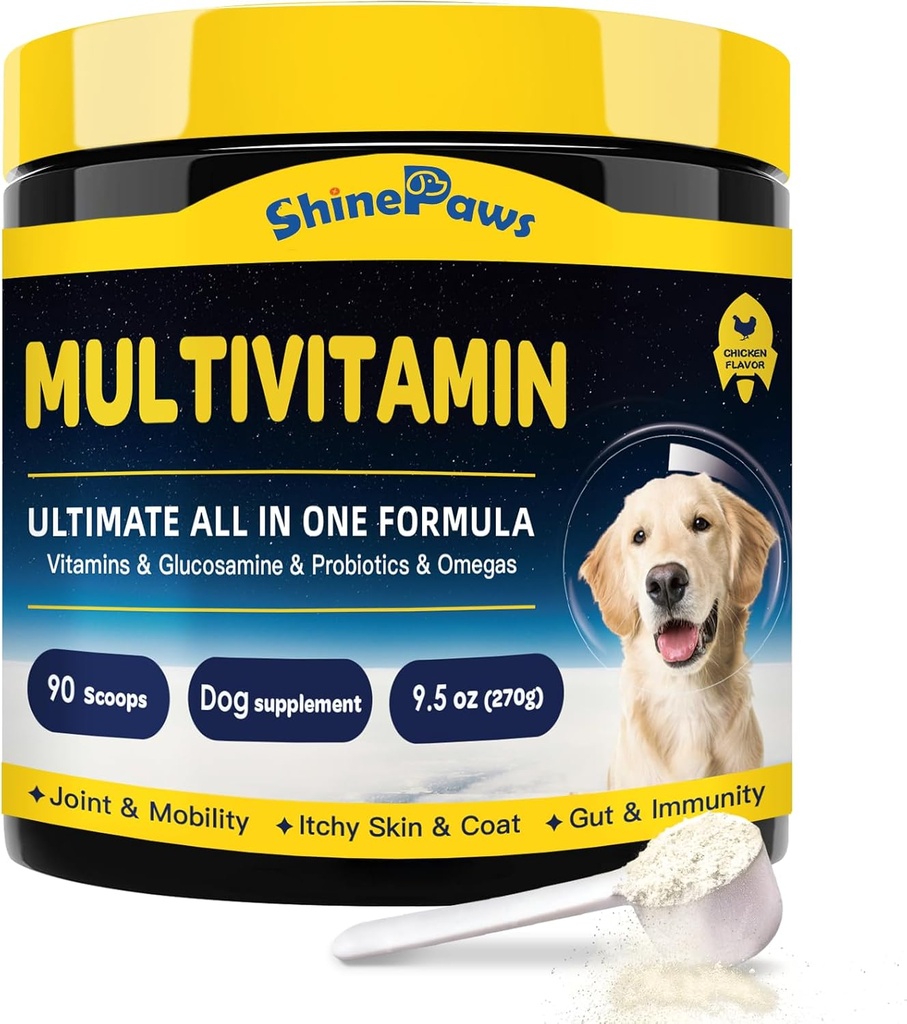 Vitamine di cane, Cane Multivitamina Polvere, con Probiotici, Glucosamina, Omega 3, Supporto Gut, Joint & Mobility, Itch Skin & Coat, Minerali & Antiossidante per la salute immunitaria, Integratori quotidiani di cani essenziali
