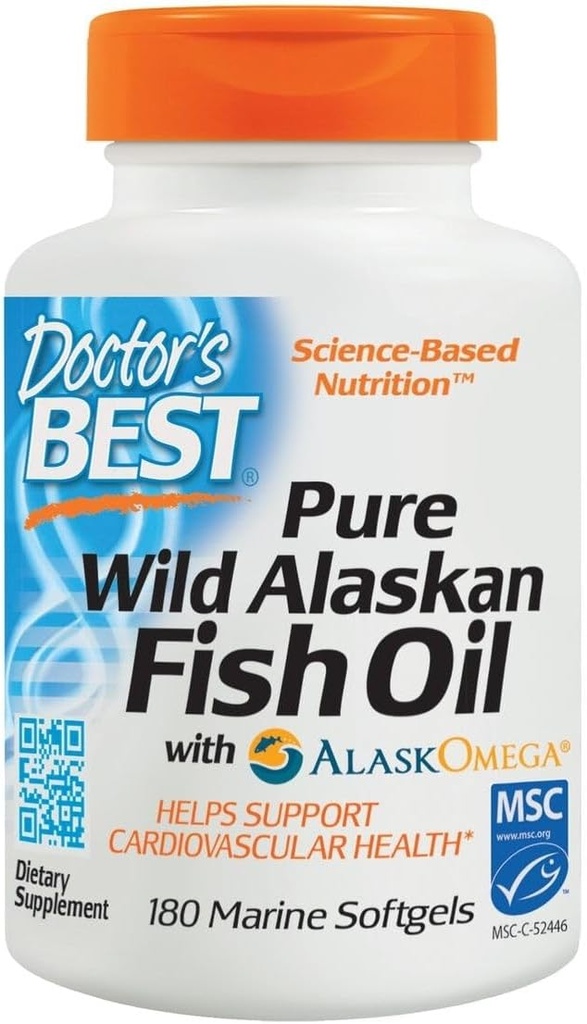 Migliore Pure Wild Alaskan Fish Oil con AlaskOmega, Cuore, Cervello, Benessere mentale, Occhi, Non OGM, Gluten Free, 180 Marine Softgels