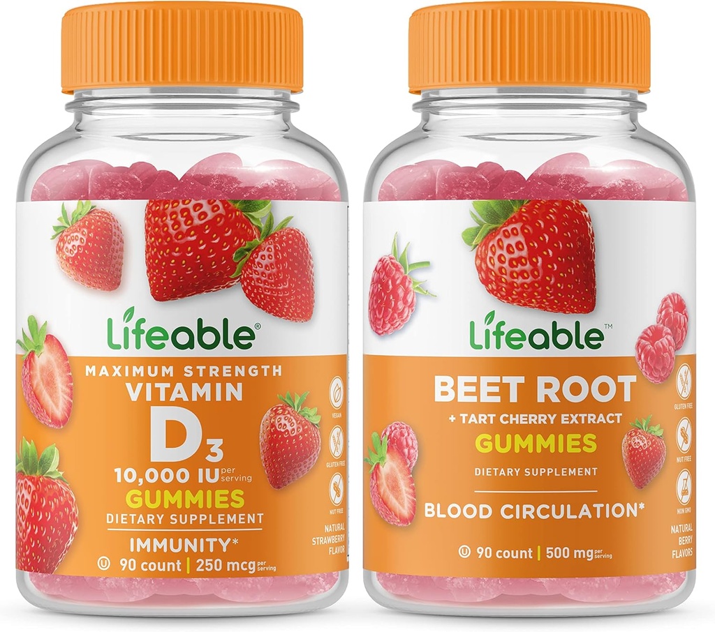 Vitamina D 10000 IU + Radice di barbabietola, Gummies Bundle - Grande degustazione, Supplemento di vitamina, Senza glutine, GMO gratis, Gomma masticabile