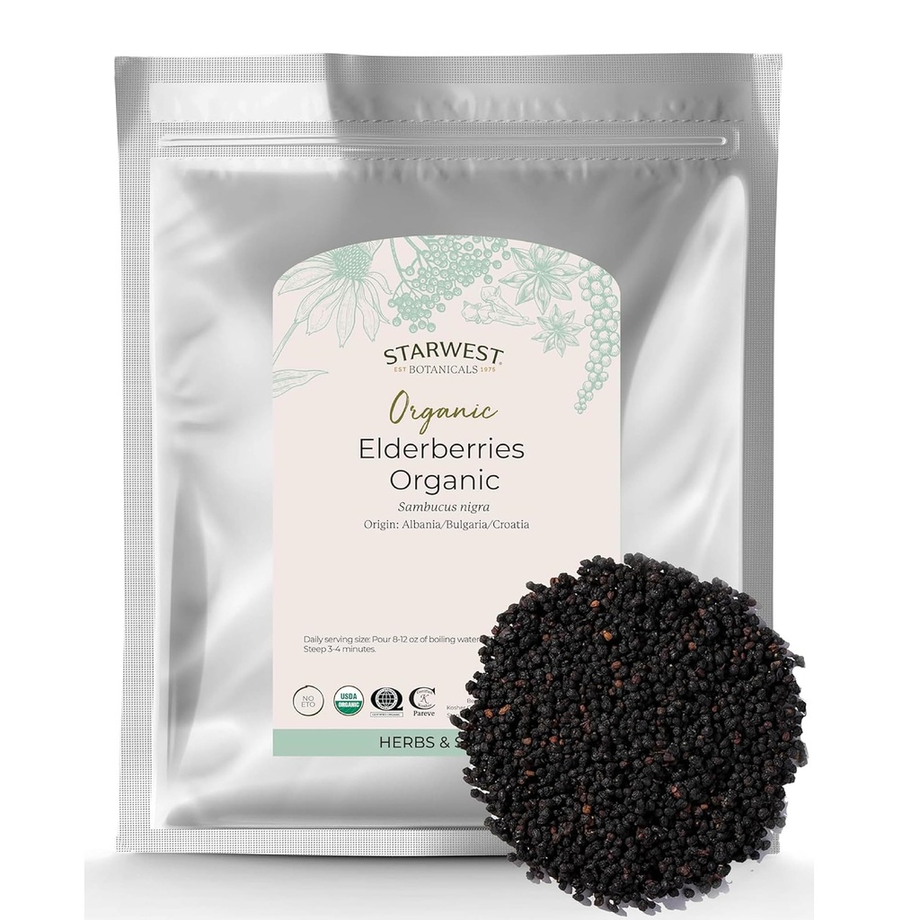 Orto Botanici Starwest Elderberries Organici - Anziani secchi per Syrup, Tea, Gummies, & Jam, Supporto Immune Naturale, Kosher Certificato, Non OGM - Bulk 1 lb Bag