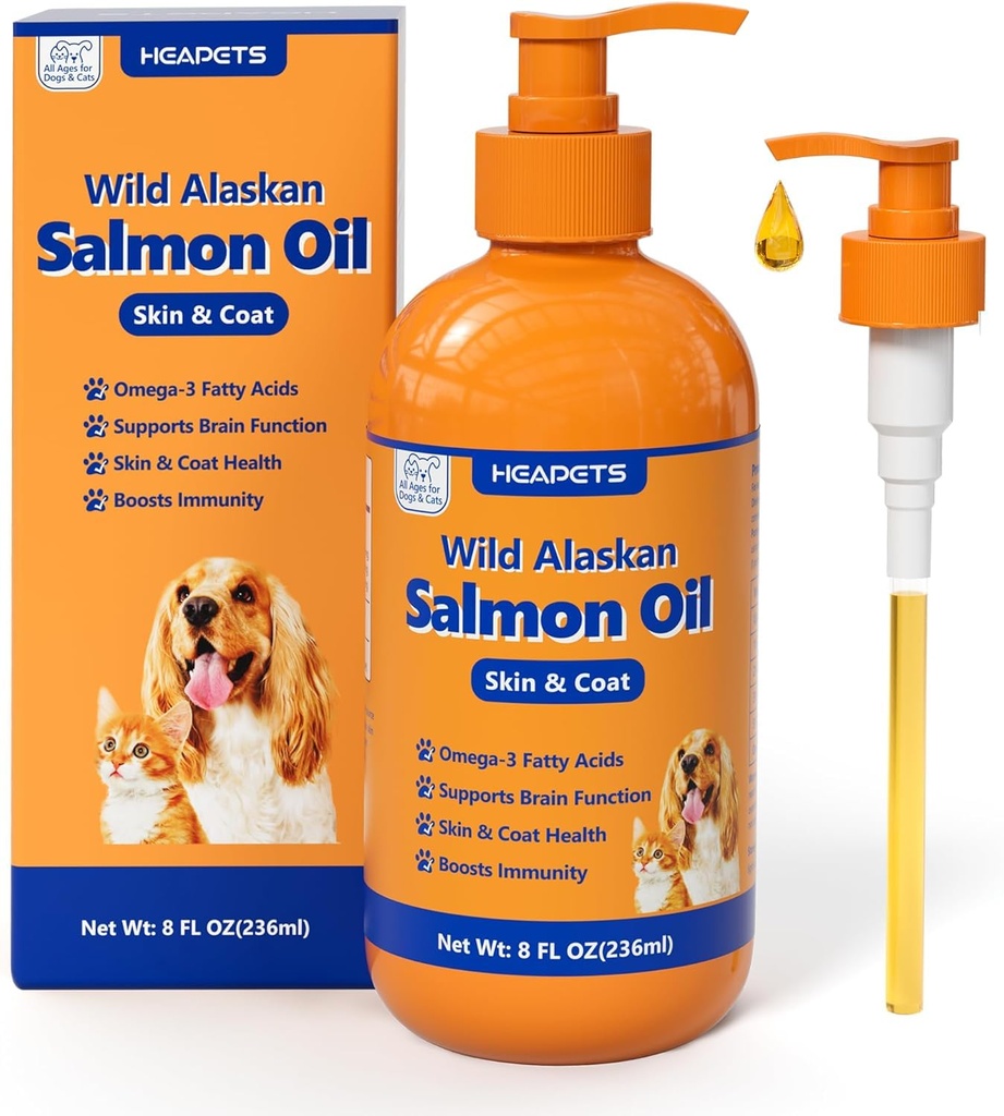 Wild Alaskan Salmon olio per cani e gatti, Fish Oil Omega 3 Integratori con EPA & DHA per pelle e cappotto, Immune, cervello, Joint and Heart Health, Dog & Cat Fish Oil Integratori con Pompa- 8 oz