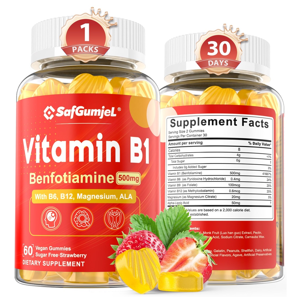 Vitamina B1 Gummies | Benfotiamine 500mg con vitamina B6 B9 B12 & Magnesio per Nerve Health, Energy & Metabolism Support | Sugar Free, Non OGM, Vegan, 60 Counts