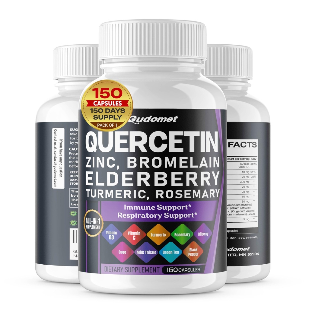 Quercetin Bromelain Zinc Vitamina D3 Elderberry Turmeric Rosemary Bilberry Sage Odorless Garlic Green Tea Latte Thistle Oregano -150 Capsules- Made in USA