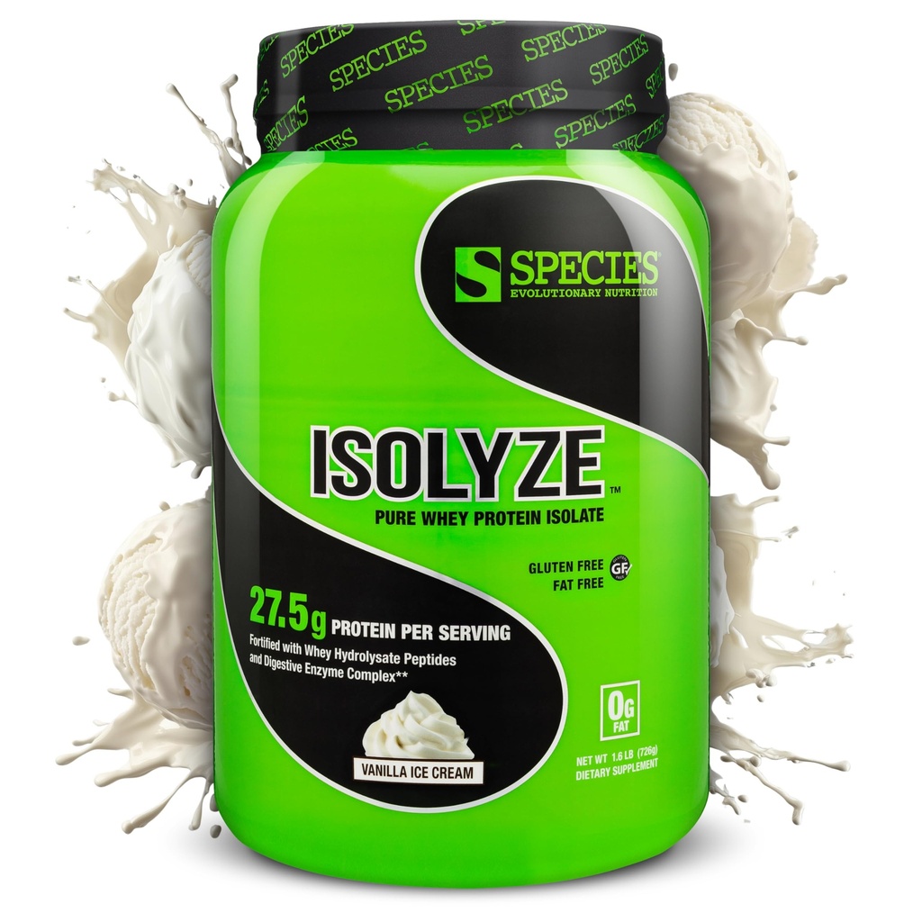 Specie Nutrition Isolyze Whey Protein Powder, 100% Whey Isolate for Muscle Building, 27.5g Protein Per Scoop, No Sugar & Low Fat (Vanilla Ice Cream, 22 Servings)