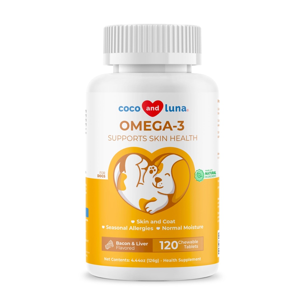 Omega 3 Fish Oil for Dogs - 120 Chewable Tablets - con Omega 3, 6 e 9, Vitamina E per Cane Shedding, Itchy, pelle secca, Joint & Heart Support