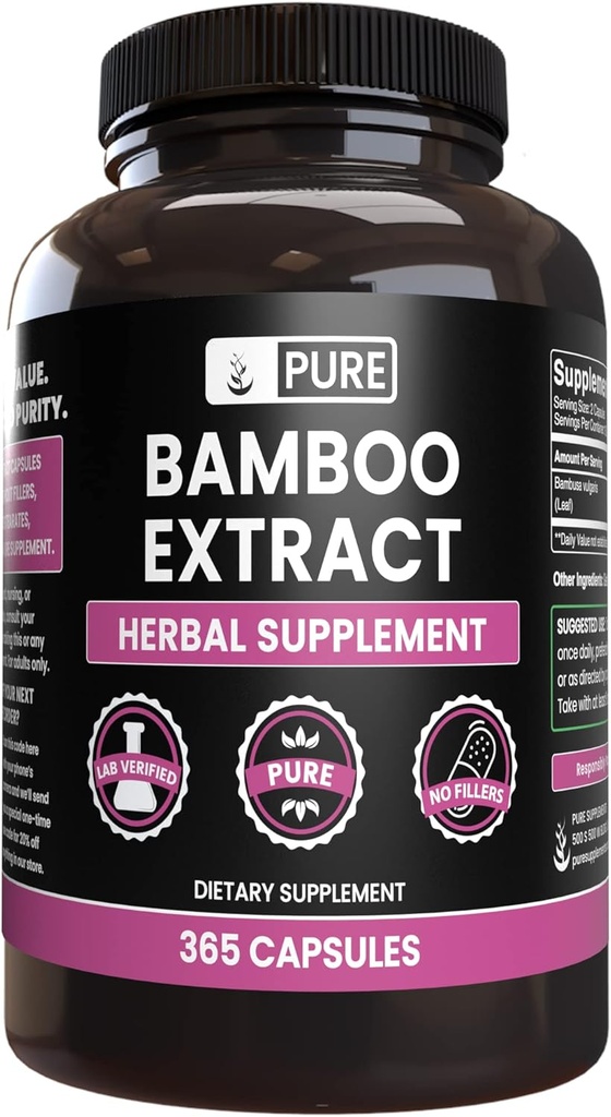 PURE ORIGINAL INGREDIENTI estratto di bambù (365 capsule) Nessun filler di magnesio o di riso, sempre puro, verificato il laboratorio