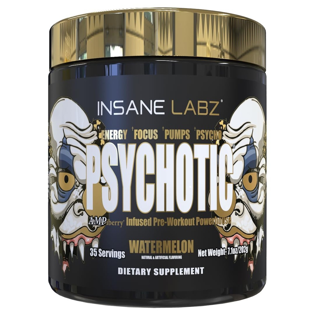 Insane Labz Psychotic Gold, High Stimulant Pre Workout Powder, Extreme Lasting Energy Focus, Pompe e Endurance con Beta Alanine, DMAE Bitartrate, NO Booster (35 Serve, Watermelon)