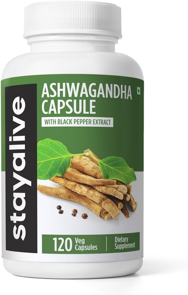 Ashwagandha STAY ALIVE con pepe nero, 10:1 estratto, 120 pillole, 100% polvere di radice pura, capsule di resistenza extra, non OGM & Gluten gratis Ashwagandha integratori per le donne e gli uomini