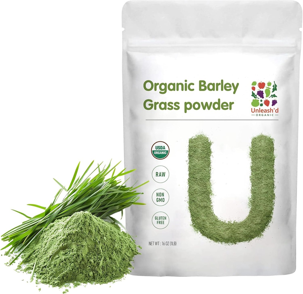 Polvere dell'erba dell'orzo ORGANIC di UNLEASH 1 Pound 100% Pure & Organic, Superfood Greens Ricco di vitamine, minerali, fibre e antiossidanti